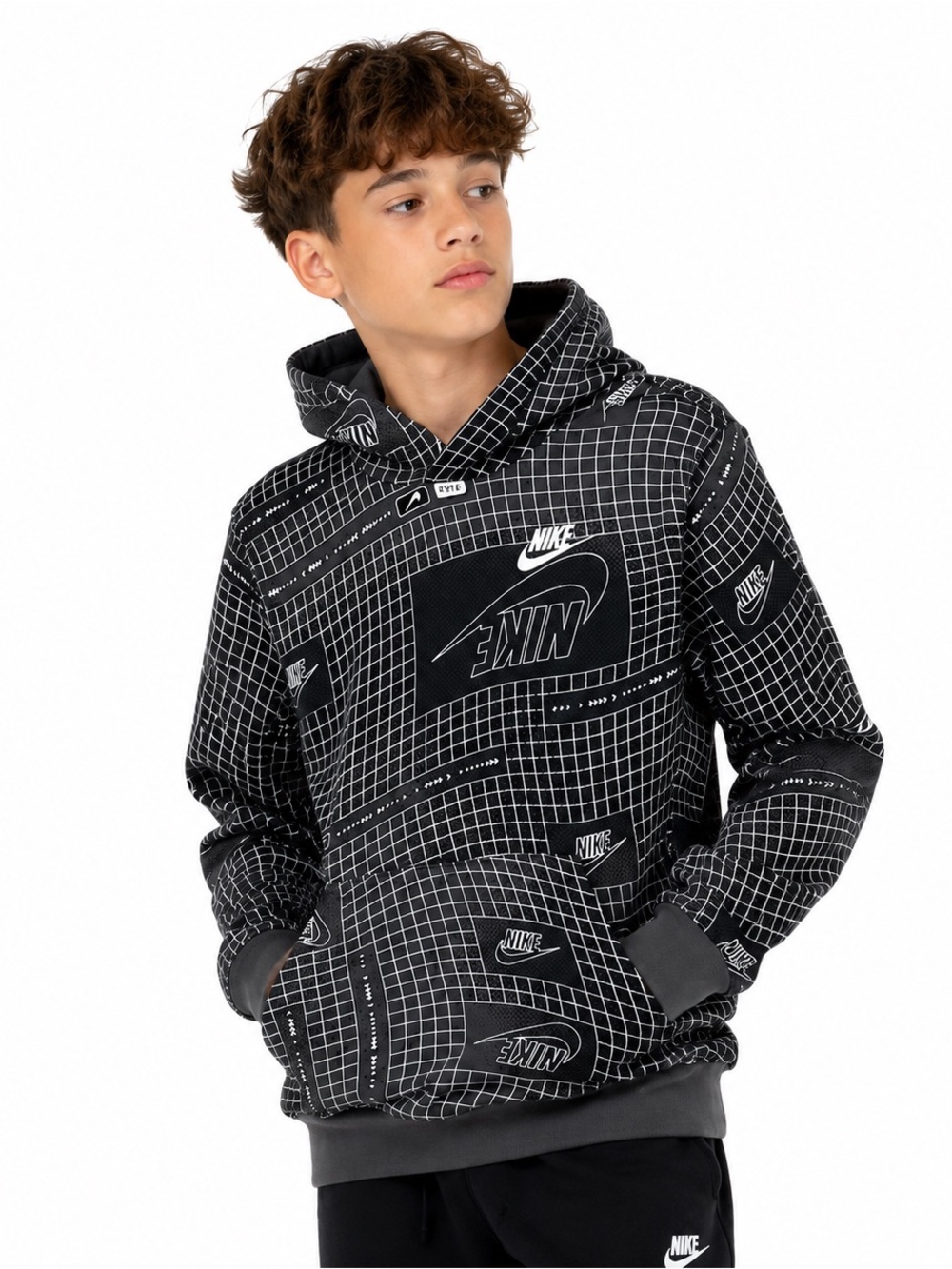 Nike Boys NSW Club Fleece AOP Grid Hoodie Glow In The Dark Size M DX5105-010
